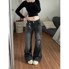批发辣妹格子拼接黑色微喇<b class='q'>牛仔裤</b>裤子女款2026秋季新款<b class='q'>修身</b>显瘦喇叭裤
