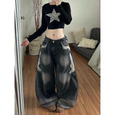批发美式复古豹纹拼接阔腿牛仔裤女秋季2026新款高街辣妹显瘦直筒<b class='q'>裤子</b>