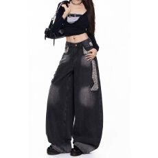批发美式高街辣妹豹纹拼接牛仔裤<b class='q'>裤子</b>女款2026秋季新款小众设计阔腿裤