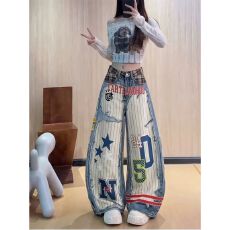 美式复古街头涂鸦印花牛仔裤女2026秋季潮牌宽松嘻哈炸街阔腿长裤