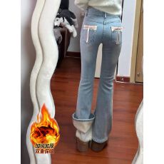 批发加绒加厚浅色微喇牛仔裤女秋<b class='q'>冬</b>季新款高腰弹力马蹄喇叭裤