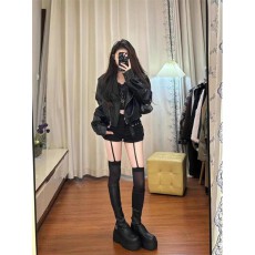 批发美式辣妹黑色<b class='q'>皮衣</b>外套女2025春秋小个子短款机车PU皮夹克甜酷上衣