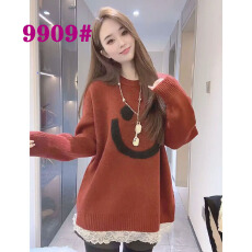 批发【花猫<b class='q'>服装</b>】秋冬新款韩版宽松慵懒风拼接蕾丝花边笑脸提花毛衣女