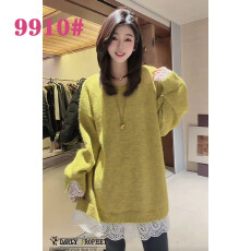 批发[麦霓定制]秋冬新款韩系拼接蕾丝花边慵懒风宽松套头圆领纯色毛衣