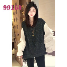 批发[麦霓定制]洋气<b class='q'>衬衫</b>花瓣袖拼接亮片款V领毛衣设计宽松<b class='q'>假两件</b>上衣