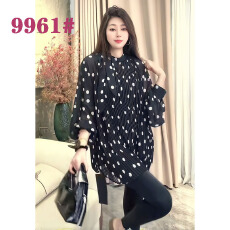 批发【乔家】春夏新款时尚宽松<b class='q'>波点</b>气质压褶长袖飘带<b class='q'>雪纺</b>百搭防晒<b class='q'>衬衣</b>