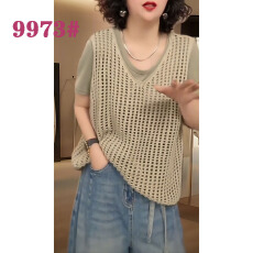 批发广州微姐 春夏新款时尚休闲慵懒风马甲百搭镂空V领针织毛衫背心