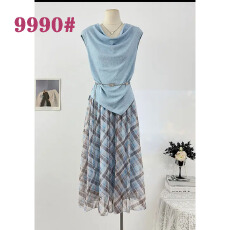 批发夏季新款法式收腰系带堆堆领无袖上衣+高腰垂感格纹大摆裙两件套