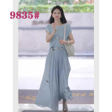 批发夏季盐系时尚绝美气质镂空短袖针织毛衫上衣+腰带棉麻半裙两件套