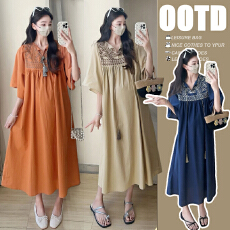 批发实拍优质 孕妇装夏季新款气质<b class='q'>绣花</b>宽松V领<b class='q'>连衣裙</b>中长款大码裙子