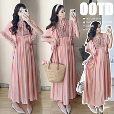 实拍夏季新款撞色复古刺绣宽松娃娃连衣裙遮肉显瘦慵懒休闲百搭裙