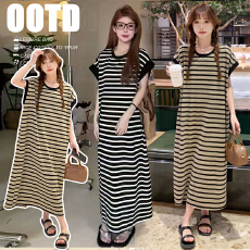 大码孕妇装条纹连衣裙夏季时尚宽松过膝长裙气质显瘦T恤裙慵懒风