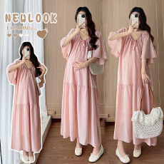 批发实拍 <b class='q'>孕妇</b><b class='q'>大码</b>连衣裙新款抽绳V领（可哺乳）设计感大摆遮肉长款裙