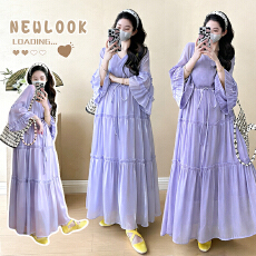 批发孕妇新款法式温柔风V领<b class='q'>喇叭袖</b>蛋糕裙可调节腰带荷叶边流光纱裙子