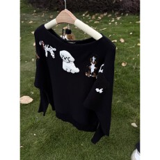 批发包芯纱 黑色童趣小狗斜肩长袖针织衫女春秋<b class='q'>毛衣</b>