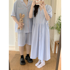 批发实拍实价 夏季新款情侣短袖条纹<b class='q'>睡衣</b>韩版宽松休闲家居服套装