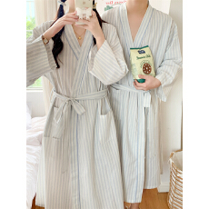 批发实拍实价 新款睡袍女秋简约条纹浴袍长款和服ins睡衣家居服