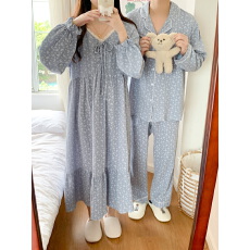 批发实拍实价蓝色碎花双层纱花边长袖情侣家居服套装