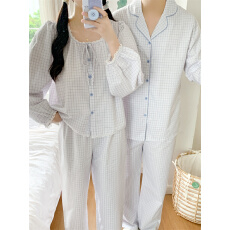 实拍实价 春季新款情侣睡衣韩版宽松格子长袖休闲家居服套装