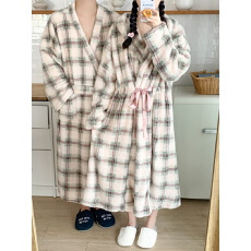 批发实拍实价 情侣睡袍加厚毛毛浴袍长款格子家居服韩国秋冬