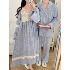 批发实拍实价 韩版ins推荐情侣碎花睡衣长袖花边喇叭袖睡衣家居服