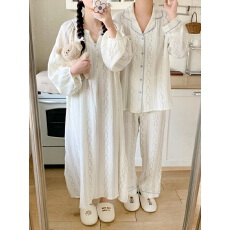 批发实拍实价 情侣睡衣女士珍珠扣碎花长袖睡裙男士套装家居服潮