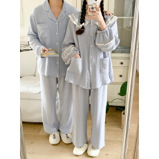 批发实拍实价 INS春装双层纱花边纯色娃娃领长袖长裤<b class='q'>情侣</b><b class='q'>装睡衣</b>套装