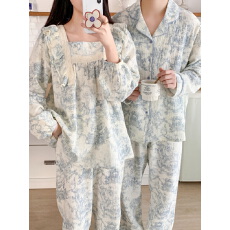 批发实拍实价春装新款双层纱水墨画木耳边花边<b class='q'>情侣装</b>长袖长裤套装