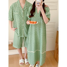 批发实拍实价<b class='q'>夏装</b>新款绿色V领短袖连衣裙睡衣<b class='q'>情侣</b><b class='q'>家居服</b>