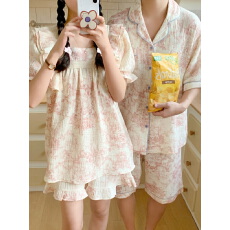 批发实拍实价  情侣睡衣<b class='q'>纯棉</b>水墨画花边短袖短裤套装国风<b class='q'>家居服</b>男士潮