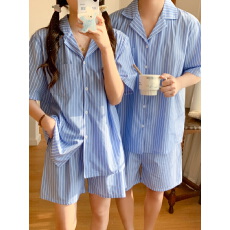批发实拍实价夏季新款情侣睡衣女韩版条纹简约家居服套装