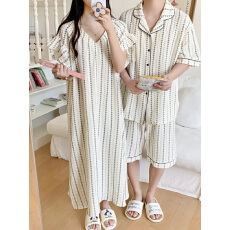 批发实拍实价夏装新款双层纱V领喇叭袖短袖连衣裙情侣装家居服