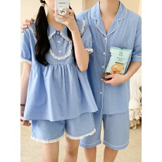 批发实拍实价 夏装新款娃娃领花边<b class='q'>短袖</b>短裤情侣装家居服套装