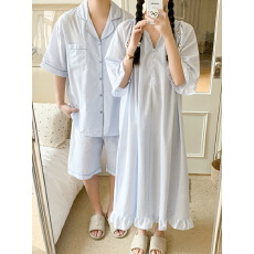 批发实拍实价 夏装新款细条纹荷叶边珍珠扣情侣装家居服睡衣