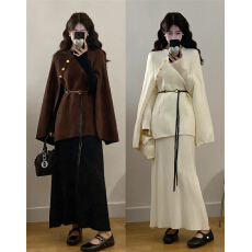 批发实拍大码秋冬新款胖MM法式设计感斗篷外套+针织打底<b class='q'>连衣裙</b>两件套