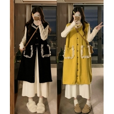 批发实拍大码女装秋冬新款撞色花边拼接长款针织背心裙+打底裙两件套