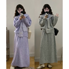 批发实拍秋冬新款<b class='q'>大码</b>女装带帽条纹小披肩上衣毛衣+针织半身裙两件套