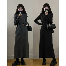 批发实拍<b class='q'>大码</b>女装秋冬新款气质针织马甲+长袖打底衫+显瘦半身裙三件套