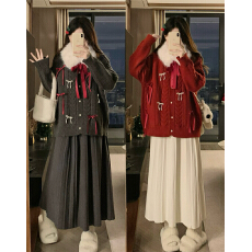 批发实拍大码秋冬新款大毛领复古蝴蝶结宽松开衫<b class='q'>毛衣</b>高腰半身裙两件套