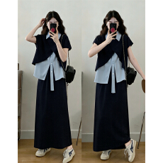 批发实拍<b class='q'>大码</b>夏季新款<b class='q'>胖</b><b class='q'>MM</b><b class='q'>设计</b>感不规则开叉撞色上衣高腰半身裙三件套