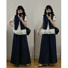 批发2026实拍大码女<b class='q'>装</b>夏<b class='q'>装</b><b class='q'>韩版</b>简约短袖T恤+牛仔马甲+阔腿<b class='q'>裤</b><b class='q'>三件套</b><b class='q'>装</b>