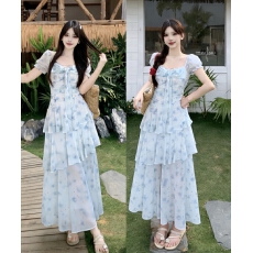 批发2026实拍大码女装夏季新短袖蝴蝶结法式<b class='q'>碎花</b>温柔风收腰显瘦连衣裙