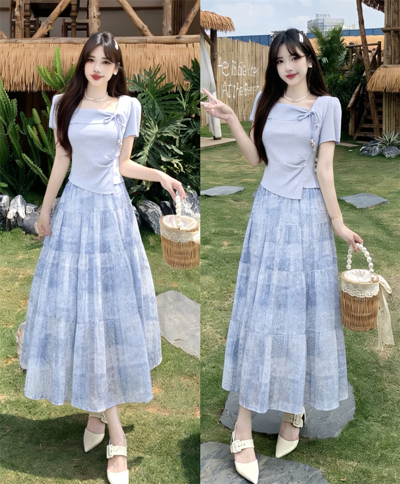 RY5501# 实拍大码夏季新款法式方领显瘦洋气蝴蝶结上衣+拼接半身裙两件套