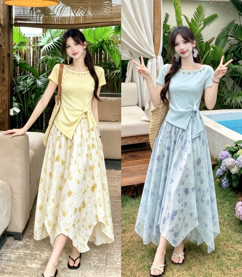 RY5498# 2026实拍大码女装夏季新款短袖法式温柔风上衣+碎花半身裙两件套