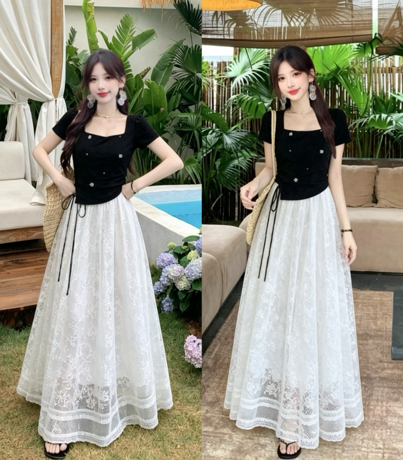 RY5493# 2026实拍大码女装夏季新款胖mm法式复古短袖蕾丝拼接假两件连衣裙