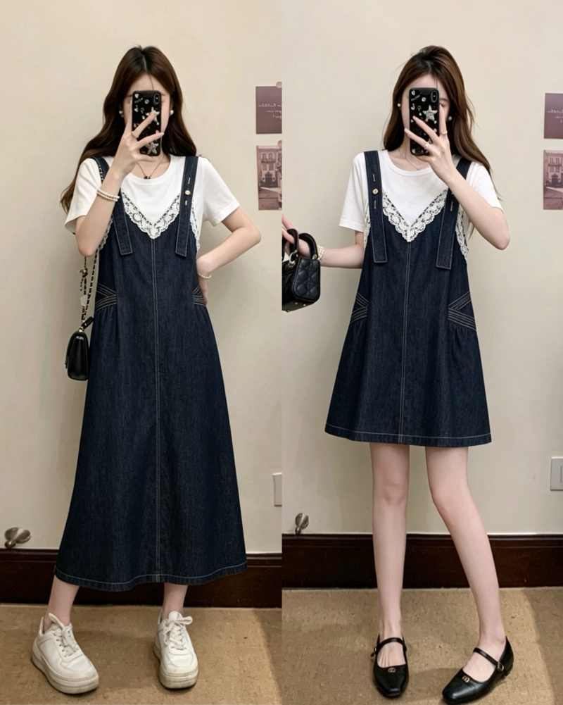 RY5491# 实拍大码女装夏装新款胖mm短袖韩版背带蕾丝拼接牛仔假两件连衣裙