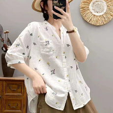 批发文艺夏季双层棉纱碎花<b class='q'>衬衫</b>减龄大码中袖<b class='q'>衬衣</b>时尚减龄休闲上衣女装