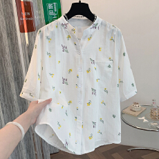 批发实拍文艺夏季双层棉纱碎花<b class='q'>衬衫</b>减龄大码中袖时尚减龄休闲上衣女装