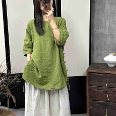 批发女装品牌正品大码2026夏季新款T恤开叉盘扣<b class='q'>中长款</b><b class='q'>打底衫</b>棉麻上衣