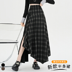 批发实拍已出货 大码胖MM设计感不规则格子拼接裙复古假两件A字<b class='q'>长裙</b>